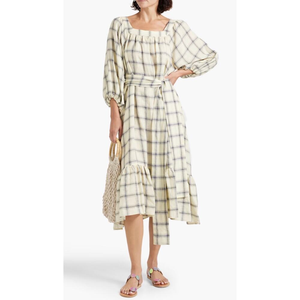 Lisa Marie Fernandez Midi Dress Laure Yellow Checked 100% Linen New